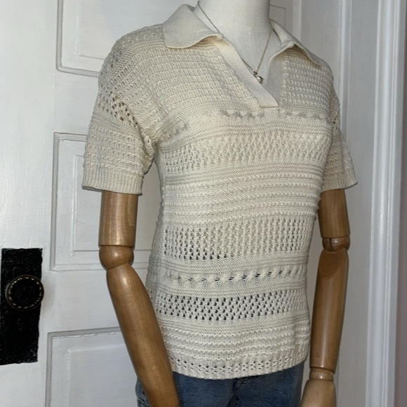 JOIE CROCHET COLLARED SHORT SLEEVE SWEATER - Picture 3 of 7